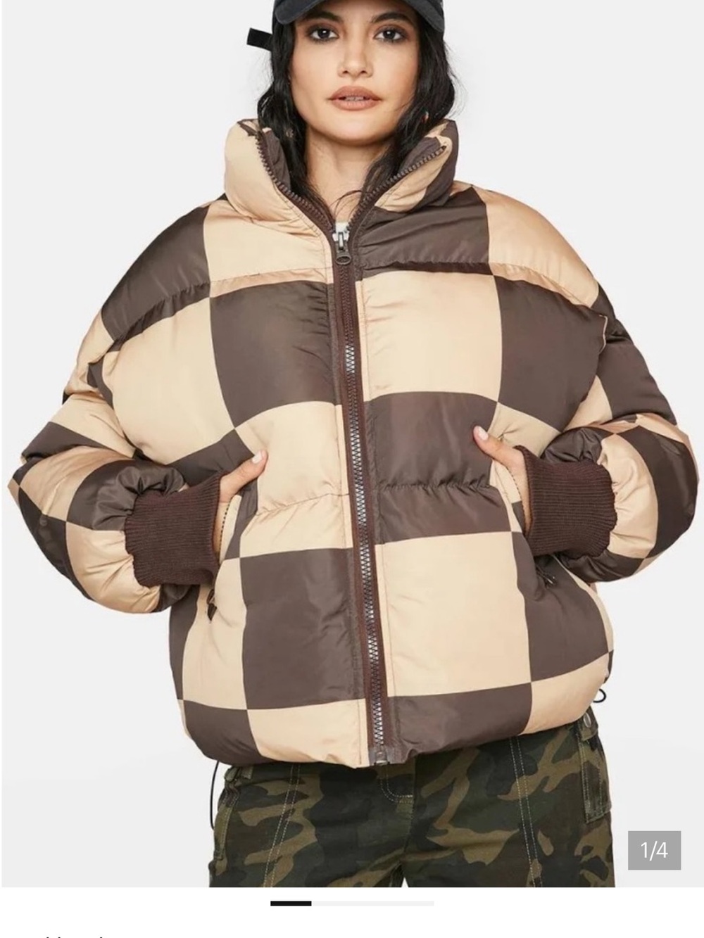 Edikted Beige & Brown Checkerboard Puffer Jacket - Women